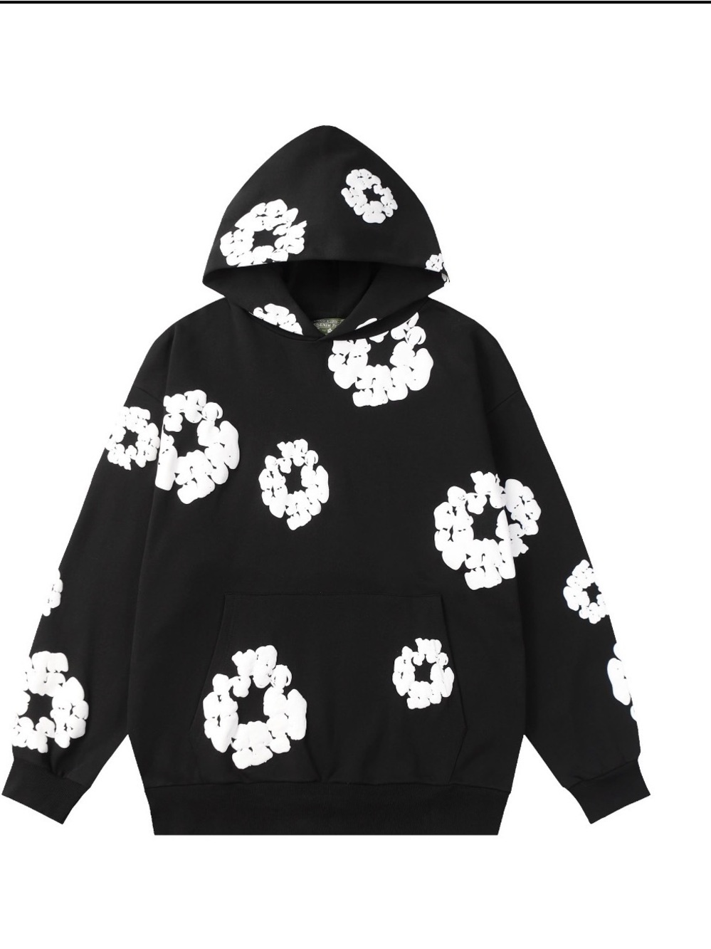 Black Hoodie Sweater with White Floral Ring Prints